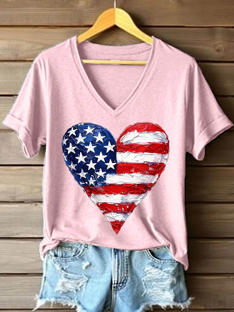 American Independence Day Women's T Shirt Print Graphic Flag Vintage Stylish Classic Short Sleeve V Neck Regular Tops Daily Blue Black White Pink Red Summer Spring 2026 - $21.99 –P4