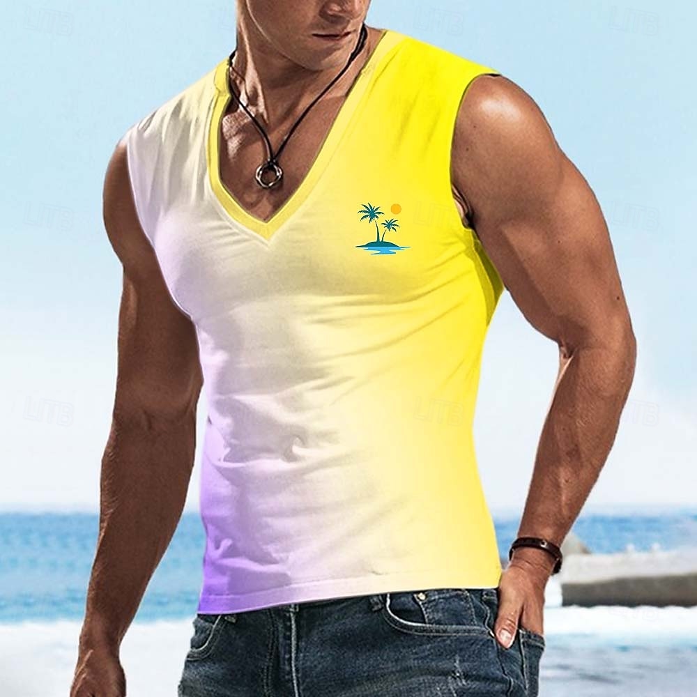 Herren Ombre Kokospalme T Shirt Ärmellos T-Shirt 3D-Druck V Ausschnitt Hemd Tropisch Outdoor Urlaub Hawaiianisch Blau Gelb Orange Sommer Frühling Bekleidung S M L XL XXL XXXL 2026 - $17.99 –P3