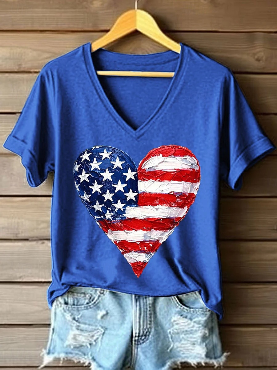 American Independence Day Women's T Shirt Print Graphic Flag Vintage Stylish Classic Short Sleeve V Neck Regular Tops Daily Blue Black White Pink Red Summer Spring 2026 - $21.99 –P1