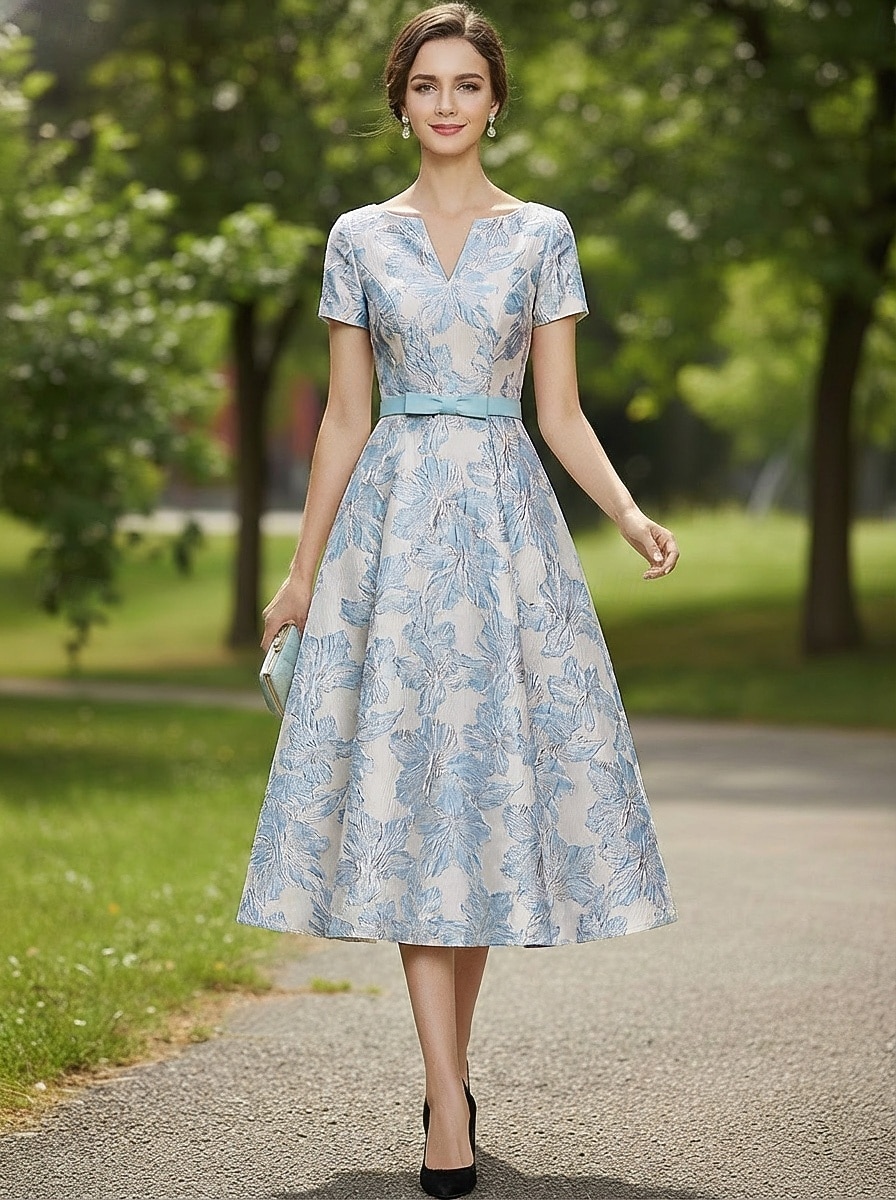 Linea ad A Lunghezza Tè Abito Formale Abiti da Cocktail Elegante Manica Corta Scollo a V Matrimonio Formale Jacquard con Fiocco/Fiocchi del 2026 a $148.99 –P5