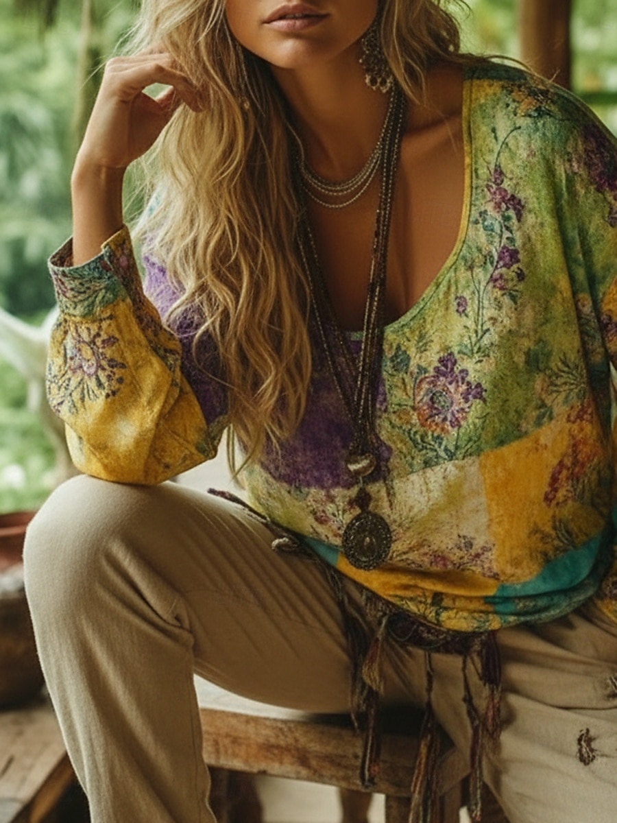 Damen Boho-T-Shirt T Shirt T-Shirt Druck Blumen Farbblock Vintage Ethnisch Lässig Langarm V Ausschnitt Lange Oberteile Täglich Wochenende Urlaubskleidung Gelb Purpur Sommer Frühling Herbst 2026 - $25.99 –P2
