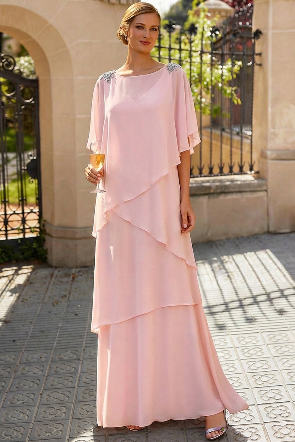 Linea ad A Lunghezza al pavimento Abito da invitata a nozze Abito Formale Abito a Strati Abito da cerimonia per signora Mezza Manica Scollo a Barca Elegante Formale Ospite di nozze Chiffon con Volant del 2026 a $183.99 –P16