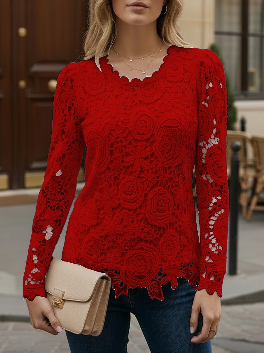 Damen Hemd Bluse Spitzentops Spitze Einfach Stilvoll Modern Lässig Langarm Rundhalsausschnitt Normale Oberteile Täglich Ausgehen Blau Schwarz Weiß Rosa Wein Frühling Herbst 2026 - $21.99 –P3