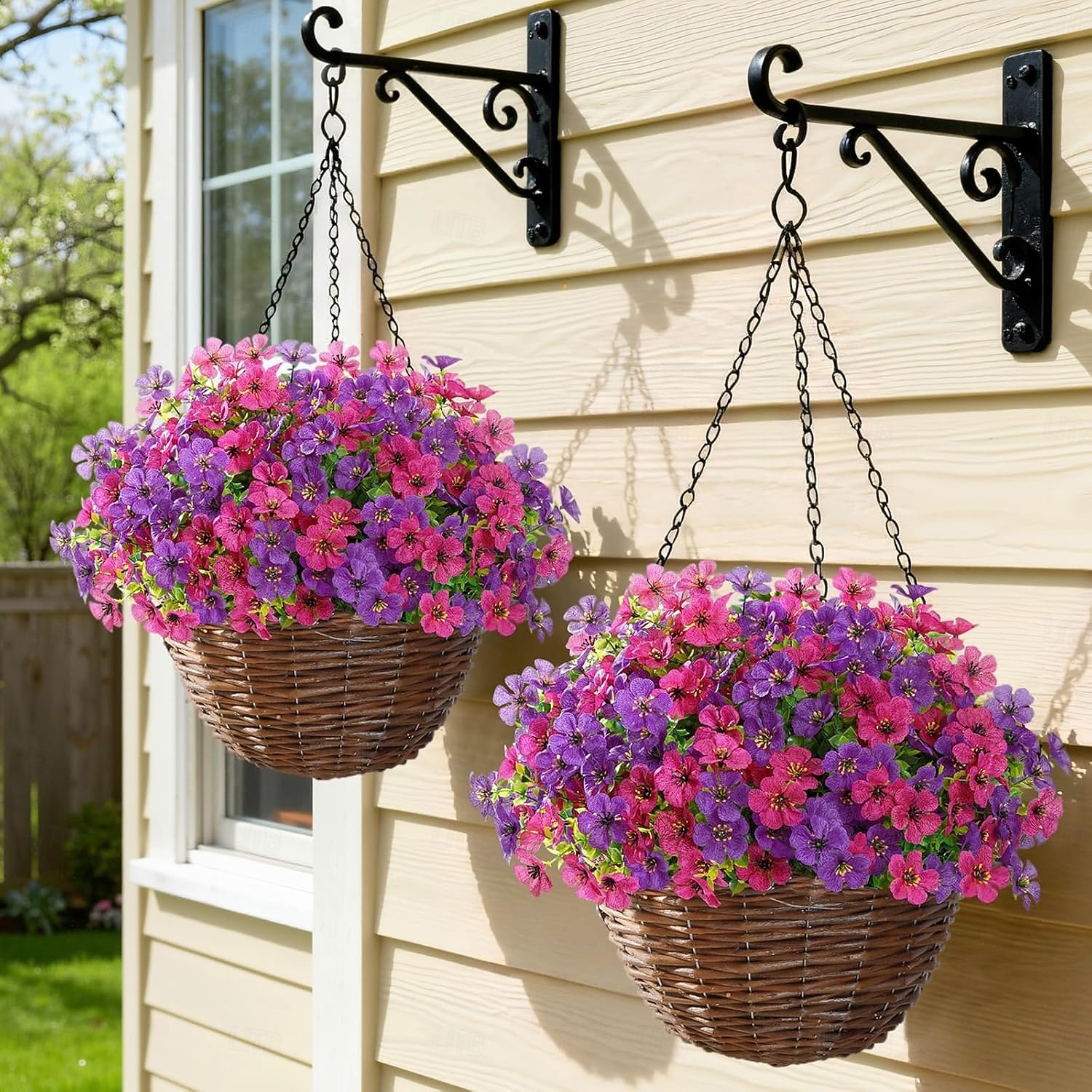 24 csokor művirág kültéri és beltéri használatra, fukszia színű &lila műanyag művirágok százszorszép eukaliptusz levelekkel otthoni kerti dekorációhoz, verandára, ablakládába 2026 - $39.99 –P7