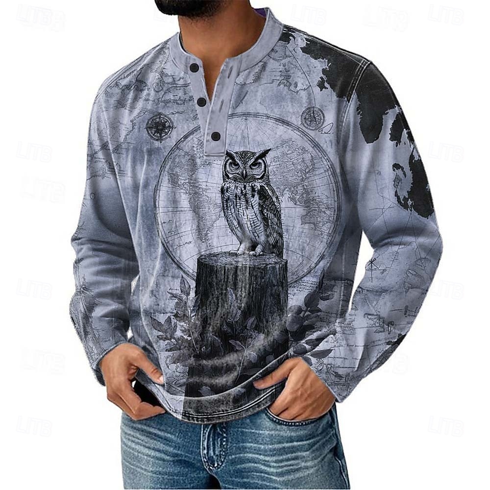 Miesten Kuvitettu Pöllö Henley-paita Pitkähihainen Muoti söpö tyyli Päivittäin Kausaliteetti Pyhäpäivä Bile Syystalvi Kevät Sininen Purppura Khaki Harmaa Henley Henley T-paita 2026 - $22.99 –P3