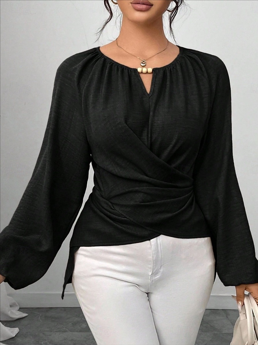 Women's Blouse Ruched Plain Elegant Stylish Basic Long Sleeve Crew Neck Regular Tops Daily Streetwear Black Pink Wine Green Khaki Spring Fall 2026 - $29.99 –P11