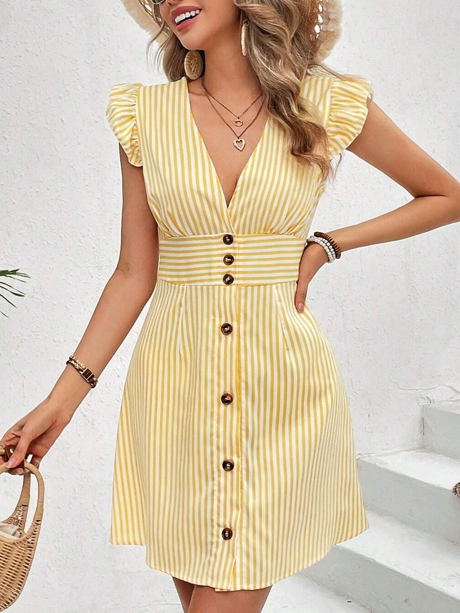 Women's Mini Dress A Line Dress Summer Dress Casual Daily Regular Fit Striped Short Sleeve V Neck Black Yellow Pink Green Summer Spring 2026 - $27.99 –P1