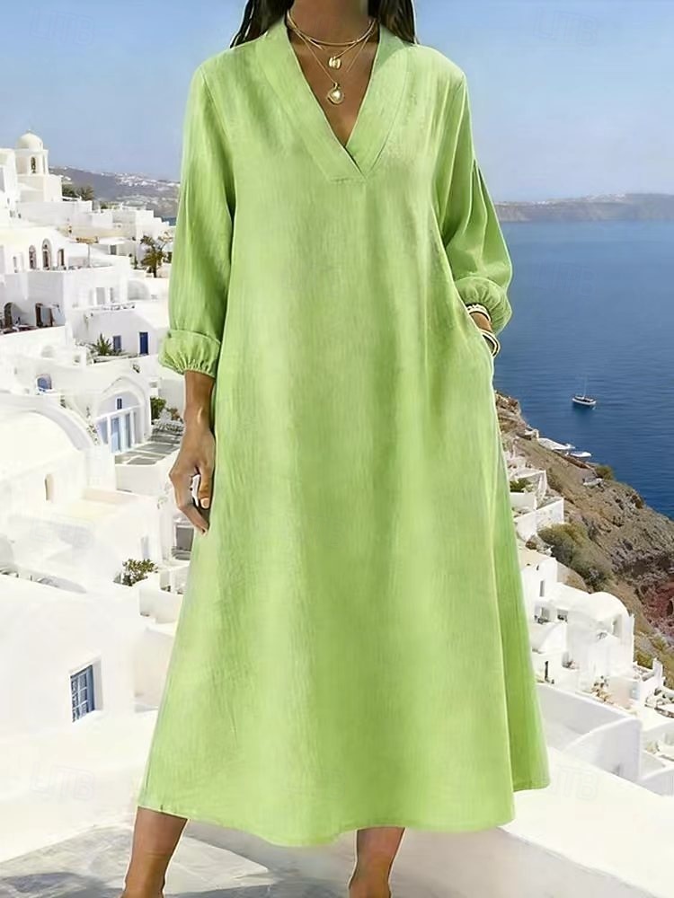 Women's Midi Dress Shift Dress Casual Dress Cotton Dress Fashion Modern Daily Weekend Loose Fit Plain Long Sleeve V Neck Blue Pink Green Khaki Summer Spring 2026 - $31.99 –P4
