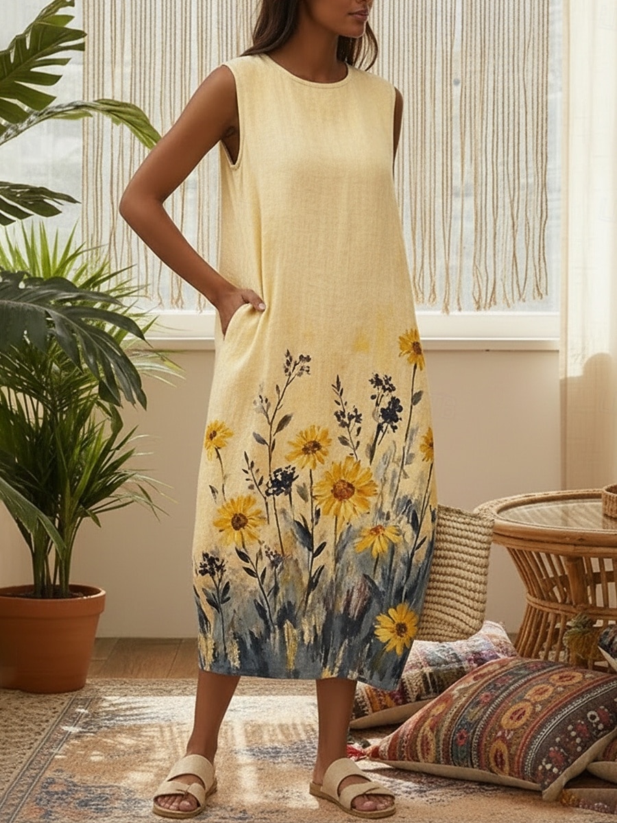 Per donna Abito Midi Finto cotone e lino Vestito Casual Vestito Estivo Abito a Tubino Vintage Quotidiano All'aperto Vacanza Vestibilità regolare Floreale Girasole Senza Maniche Girocollo Blu Giallo del 2026 a $37.99 –P2