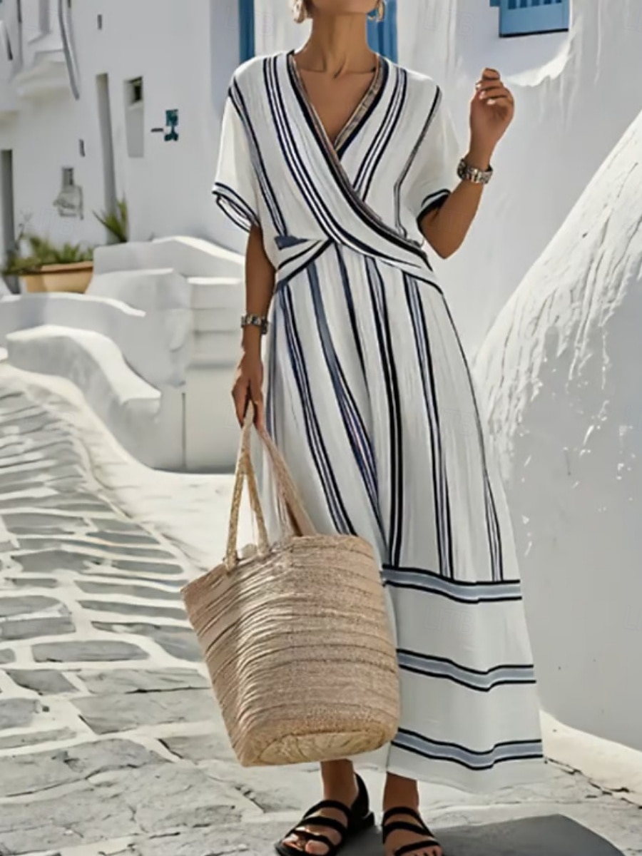 Mujer Vestido Midi Vestido de una línea Vacaciones Casual Exterior Noche Ajuste regular Raya Manga Corta Escote en Pico Azul marinero Amarillo Azul cielo Beige Verano Primavera 2026 - $41.99 –P5