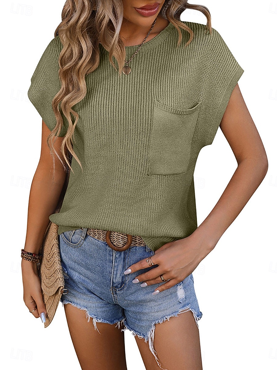 Naisten Neulos Pusero Tyylikäs Muoti Katutyyli Yhtenäinen väri Tiukka pyöreä kaula-aukko Kudottu Lyhyt hiha Tavalliset topit Neuloa Päivittäin ulko- Viikonloppu Punainen Ruskea Musta Kesä Kevät 2026 - $29.99 –P4