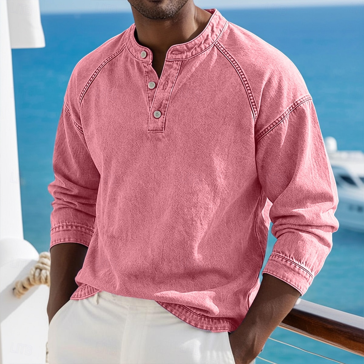 Voor heren T-shirt Henley-shirt Overhemd van 100% katoen met zure wassing Lange mouw Effen Effen kleur Vintage Streetwear Casual Kledingstuk geverfd Bleek Puur Opstaand Henley Casual Huis Straat 2026 - $33.99 –P12