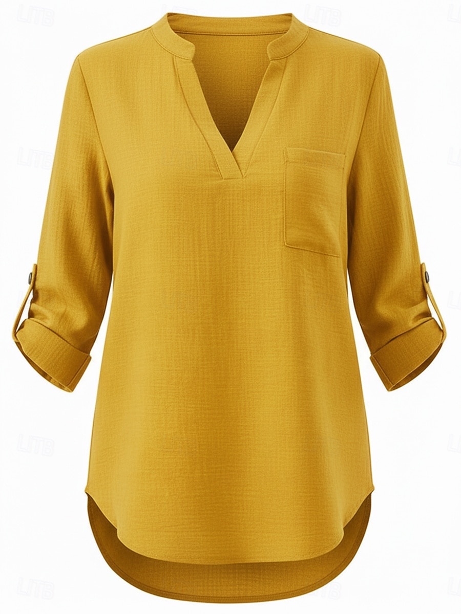 Per donna Camicie di cotone e lino Top estivi Blusa Top Eleganti Arricciato Patchwork Tasca Tinta unica Semplice Elegante Vintage Signore Manica 3/4 Colletto a Camicia Top Regolari Quotidiano Lavoro del 2026 a $22.99 –P3