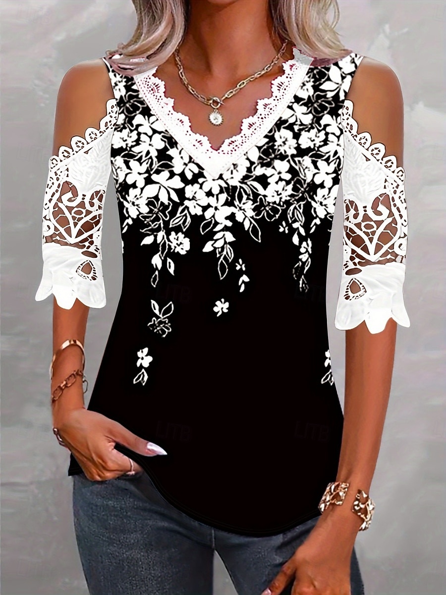 Per donna Top con cuciture in pizzo Blusa Pizzo Stampato Floreale Elegante Casual Manica Corta Scollo a V Top Regolari Quotidiano Blu Nero Rosso Viola Estate Primavera del 2026 a $22.99 –P1