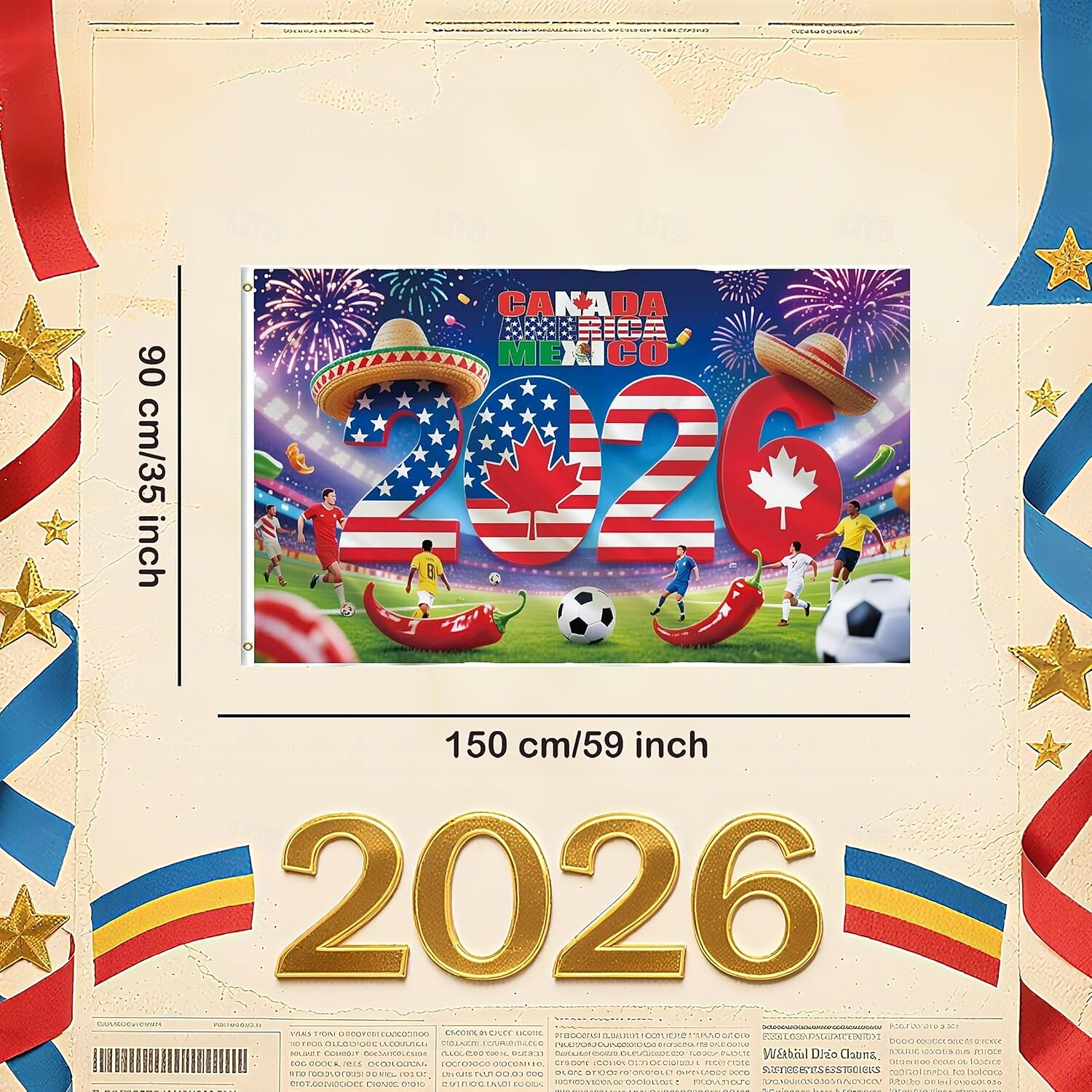 Bandeira para a Copa do Mundo de Futebol de 2026 com símbolos nacionais, perfeita para comemorações e eventos esportivos, uma bandeira vibrante para apoiar os torcedores. de 2026 por $11.99 –P1