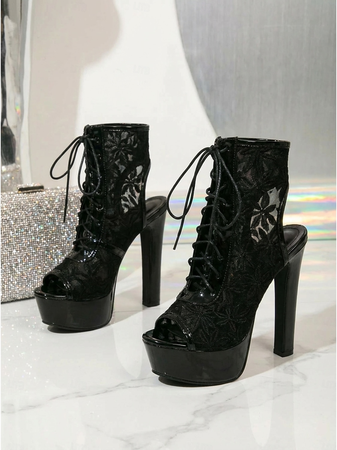 Women's Black Platform Lace-Up Boots - Stylish Peep Toe High Heel Booties for Nightlife Parties 2026 - E£3220.78 –P3