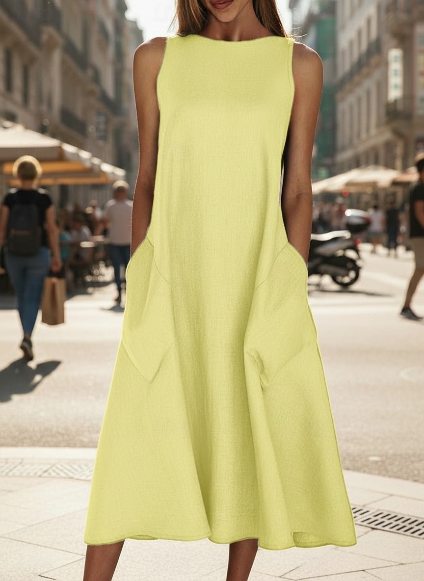 женское платье миди без рукавов карманы повседневный силуэт А-силуэт круглый вырез белый летний универсальный стандартный крой удобный легкий дышащий одежда одежда 2026 - $41.99 –P3