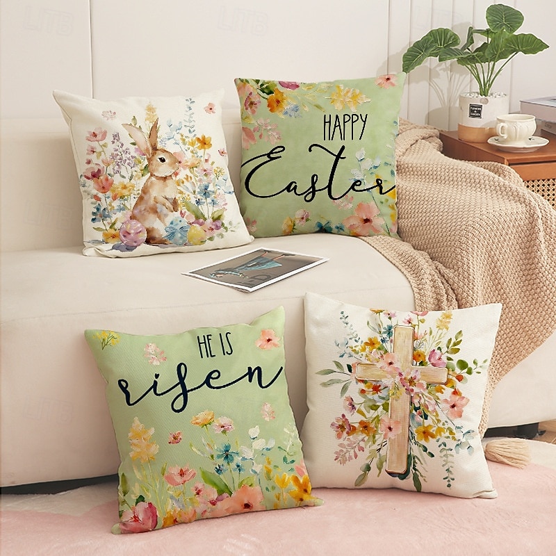 Sada 4 lněných prodyšných povlaků na polštáře s potiskem velikonočních zajíčků, jarní domácí dekorativní povlaky na polštáře na pohovku 2026 - $16.99 –P1