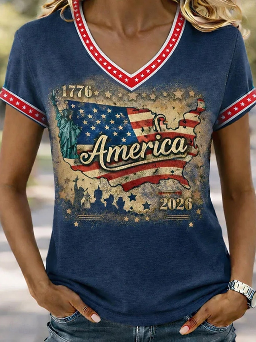 Ημέρα Αμερικανικής Ανεξαρτησίας Γυναικεία Μπλουζάκι Στάμπα Γραφική Σημαία Στυλάτο Κλασσικό Καθημερινό Κοντομάνικο Λαιμόκοψη V Κανονικά μπλουζάκια Καθημερινά Θαλασσί Καφέ Κόκκινο / Μπλε 2026 - $21.99 –P1