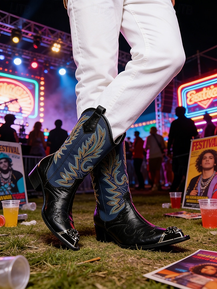 Echte leren cowboylaarzen voor heren met een opvallend bloemenpatroon, stijlvolle westernlaarzen voor een muziekfestival. 2026 - $189.99 –P2
