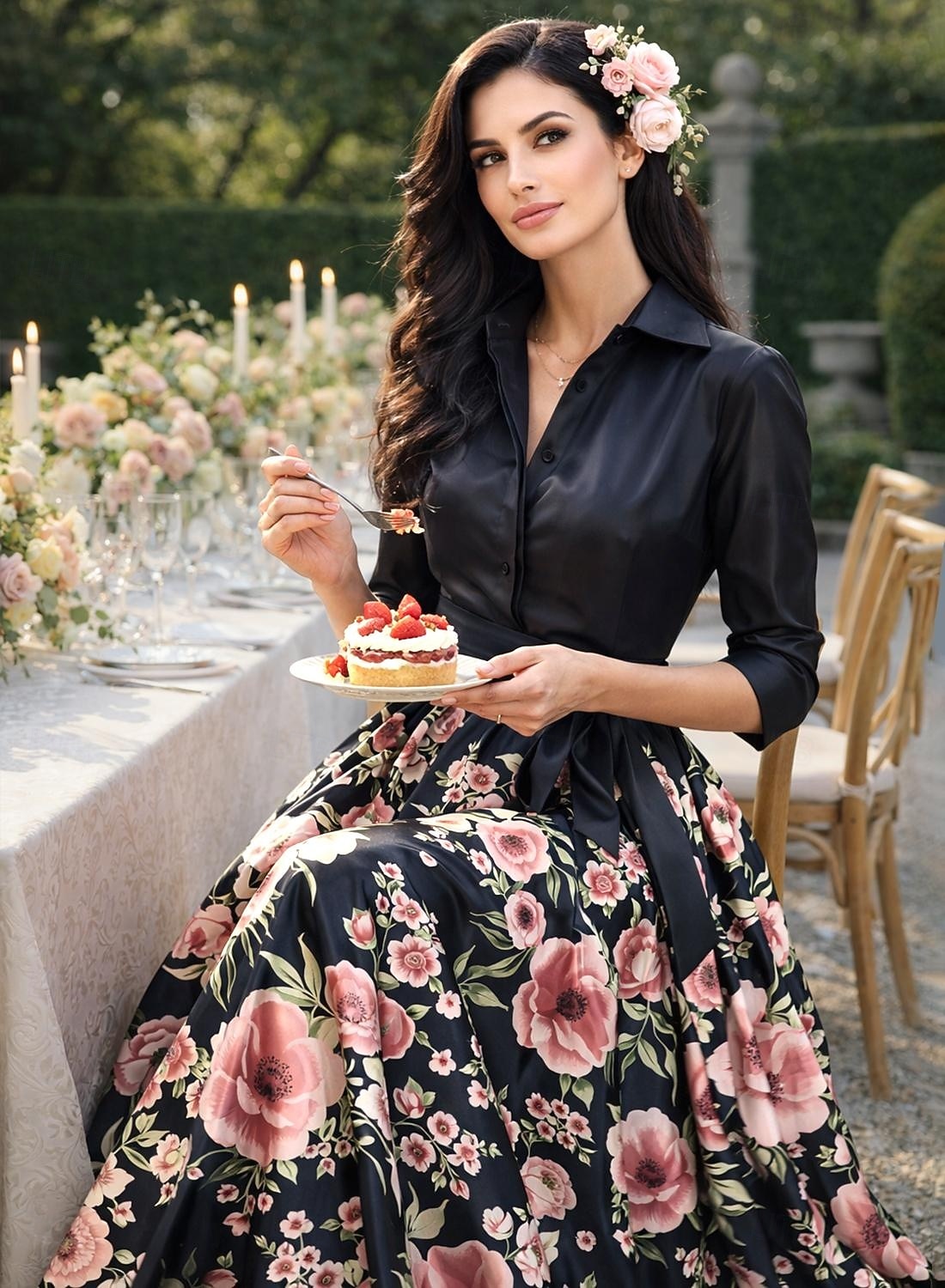 A-Linie Bodenlang Kleid für Hochzeitsgäste Abendkleid Brautmutterkleid Dreiviertelarm Hemdkragen Elegant Hoher Schlitz Formell Satin mit Knöpfe 2026 - $218.49 –P3