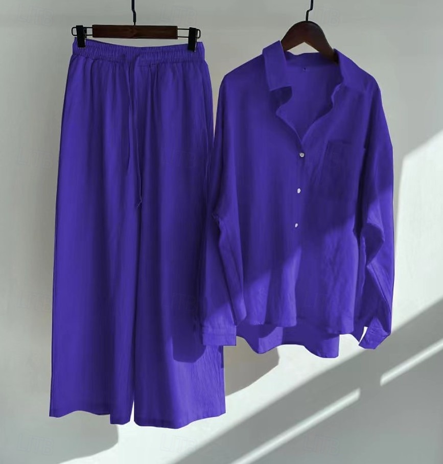 Damen Baumwoll-Leinen Hosen Sets Bolero Oberteil Langarm Hemd Kragen Einfarbig Mode Streetwear Lässig Alltag Draußen Blau Schwarz Weiß Sommer Lockerer Schnitt 2026 - $41.99 –P17