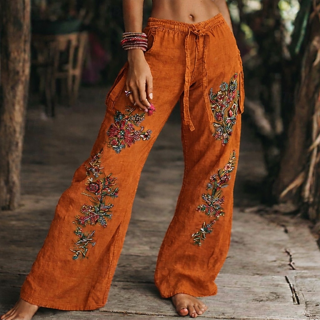 2026年 レディース ワイドレッグ スラックス ボヘミアン フルレングス ナチュラルフラワー ポケットプリント 伸縮性 ドローストリングデザイン 快適 アウトドア バケーション 週末 グリーン サマー レギュラーフィット  コレクション – $29.99 –P5