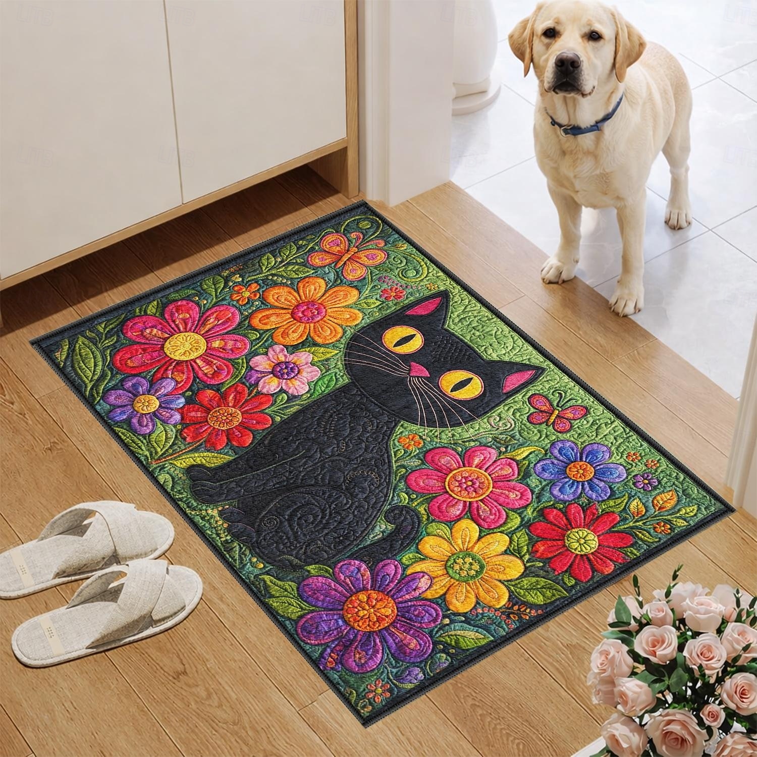 zerbino finto ricamato con elegante gatto nero circondato da un colorato giardino fiorito del 2026 a $13.49 –P3