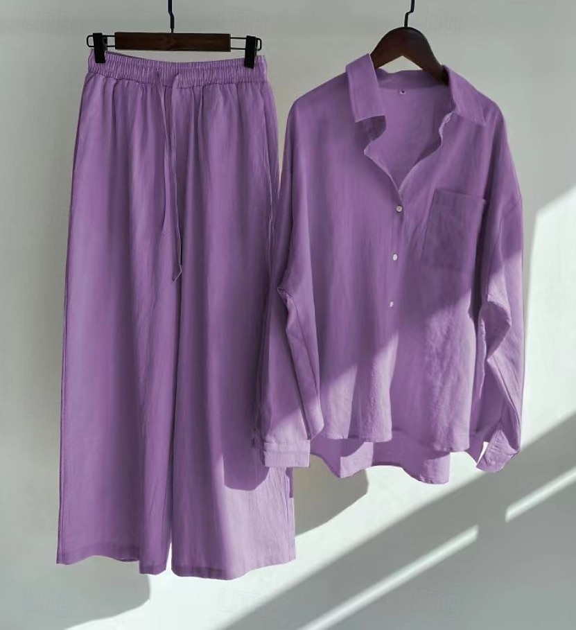 Damen Baumwoll-Leinen Hosen Sets Bolero Oberteil Langarm Hemd Kragen Einfarbig Mode Streetwear Lässig Alltag Draußen Blau Schwarz Weiß Sommer Lockerer Schnitt 2026 - $41.99 –P13