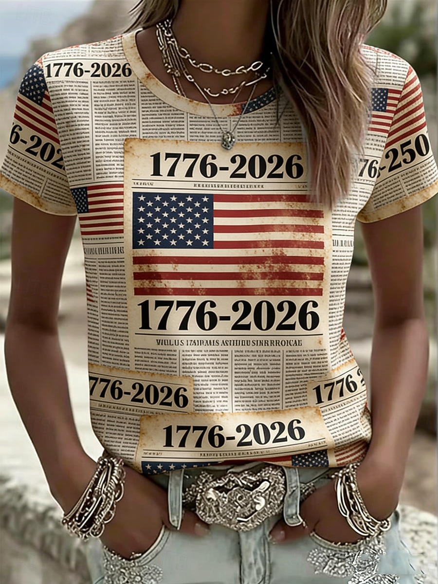 Giorno dell'Indipendenza Anniversary Americano Maglietta Patriottica da Donna Stampa Grafica Bandiera Nazionale Vintage Elegante Classica Manica Corta Collo Tondo Regolare Top Giornalieri Weekend Blu del 2026 a $22.99 –P1