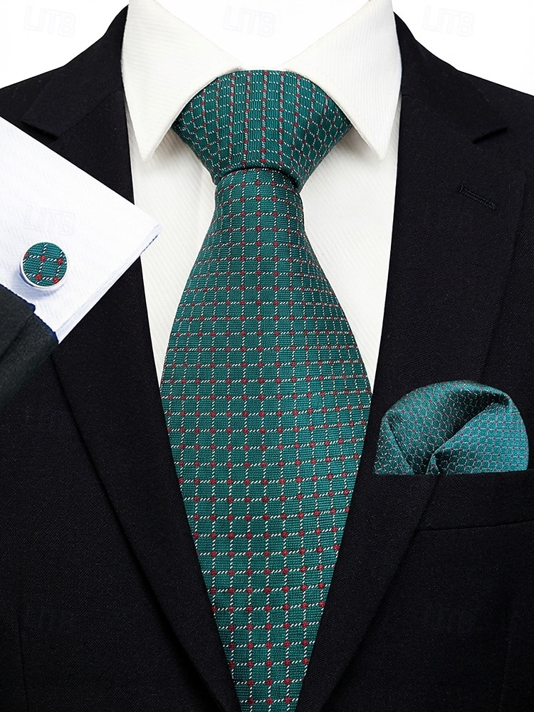 2026年 男性用フォーマルネクタイセット、ポケットチーフとカフスボタン付き - 結婚式、ビジネスパーティー、ガライベントに最適な高級ポリエステルチェック柄ネクタイ - スタイリッシュな花婿の付添人用スーツアクセサリー（複数色）  コレクション – $11.99 –P18