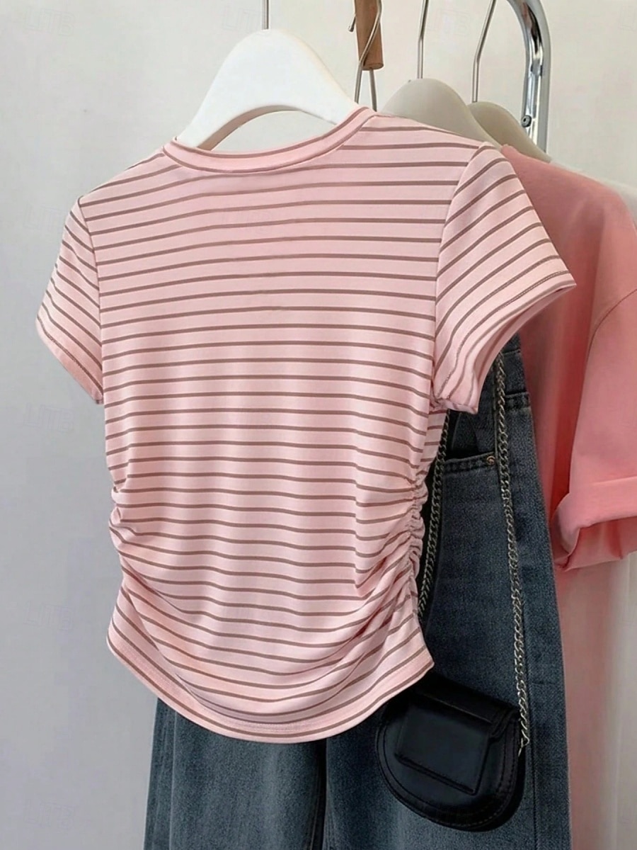 Damen T Shirt T-Shirt Druck Gestreift Mode Stilvoll Klassisch Kurzarm Rundhalsausschnitt Normale Oberteile Täglich Ausgehen Wochenende Blau Rosa Sommer Frühling 2026 - $19.99 –P4