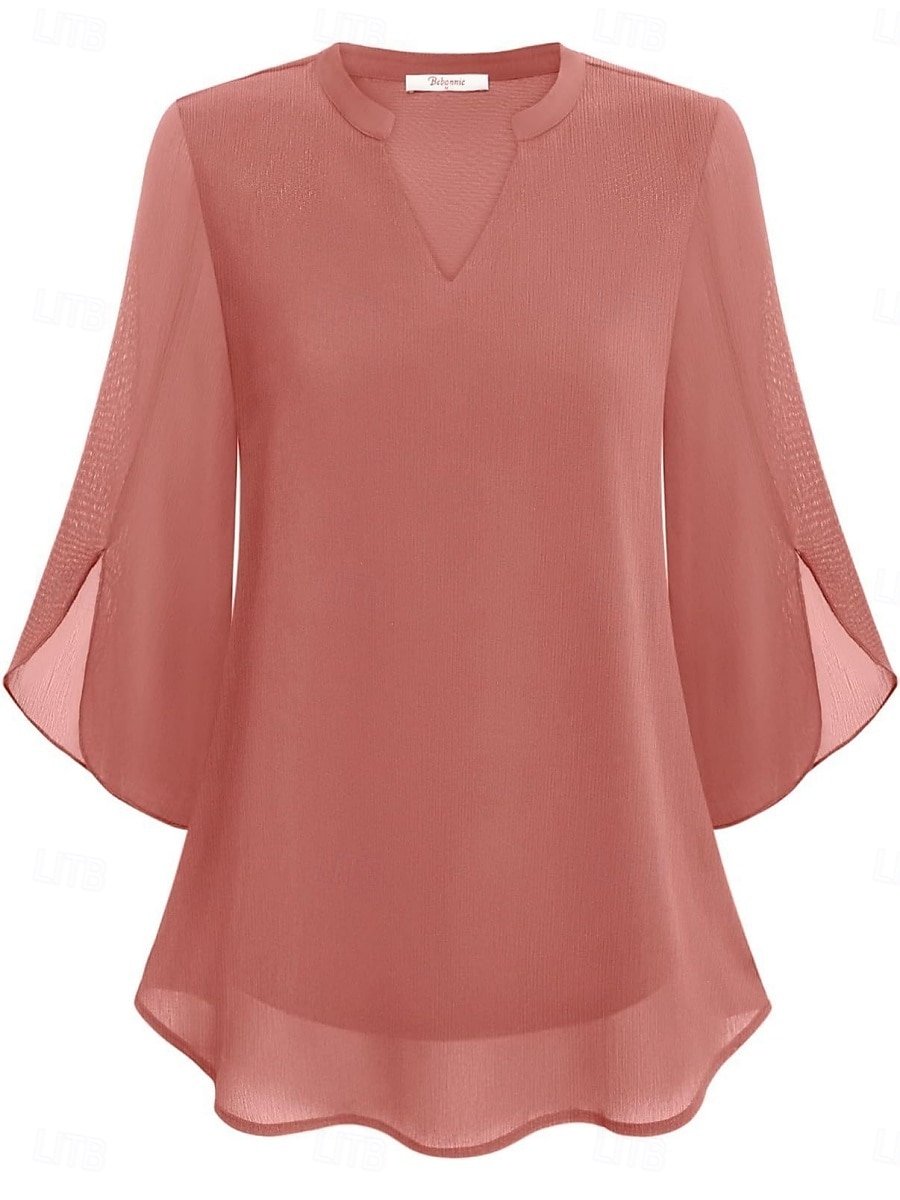 Women's Blouse Solid Color Elegant Stylish Casual 3/4 Length Sleeve V Neck Regular Tops Daily Pink Wine Red Royal Blue Green Summer Spring 2026 - $21.99 –P19