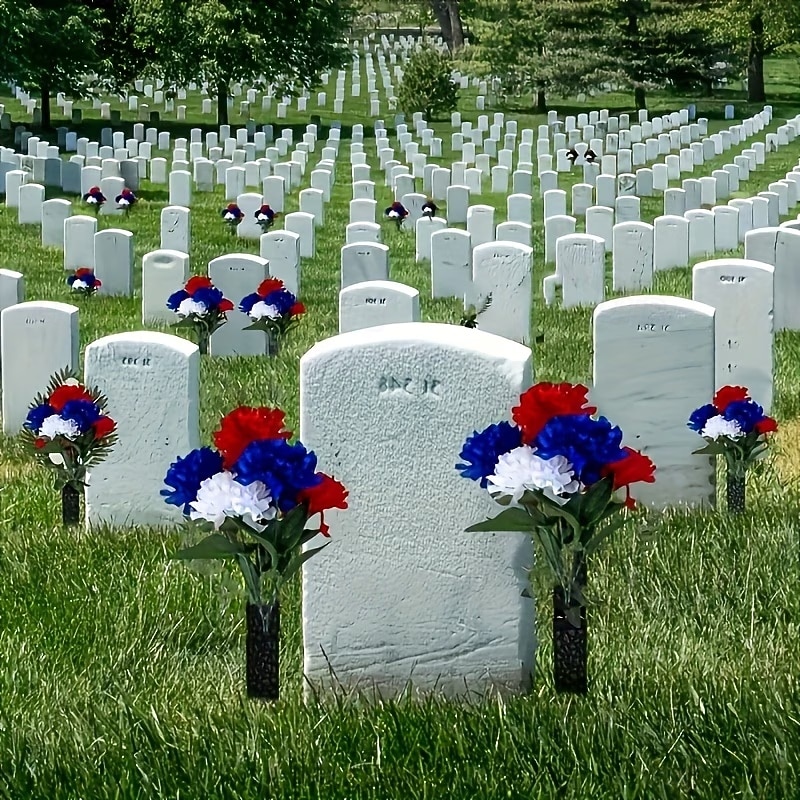 5 balení hřbitovních květin na hrob, 7 hlav, umělé červené, modré, bílé, šeříkové, vlastenecké, umělé hedvábné květiny na hřbitov, Den veteránů, dekorace na stůl ke Dni nezávislosti, 4. července 2026 - $19.99 –P2