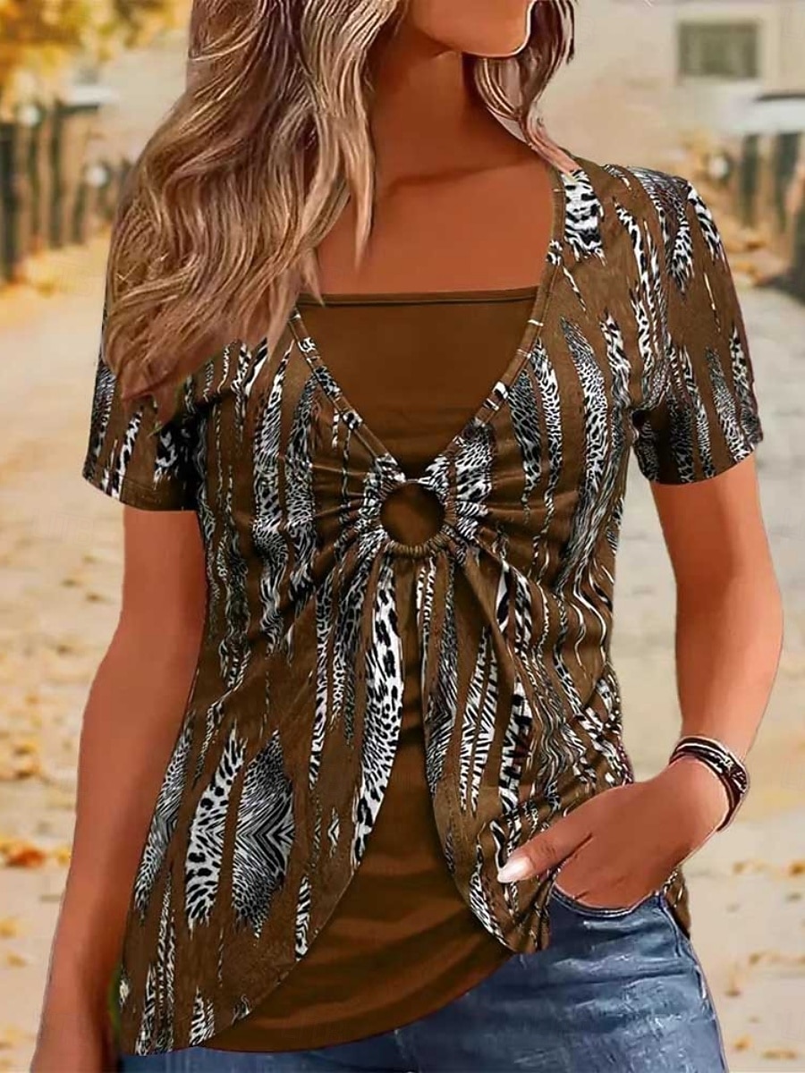 Mujer Camiseta Camiseta superior Retazos Estampado Bloque de color Moda Elegante Casual Manga Corta Cuello Barco Tops regulares Diario Noche Fin de semana Azul Piscina Negro Vino Verde Trébol Café 2026 - $22.99 –P6