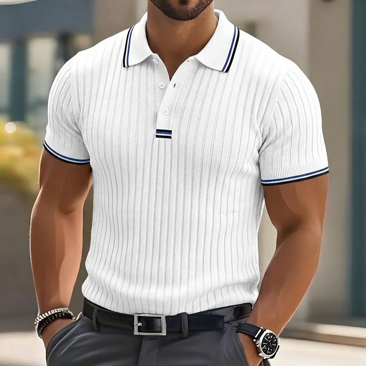 Per uomo Testurizzato Maglia da golf Casuale Lavoro Bavero Colletto Polo a Coste Manica Corta Essenziale Moderno Blocco di colori Patchwork Bottoni Primavera & Estate Vestibilità aderente Blu Bianco del 2026 a $24.99 –P3