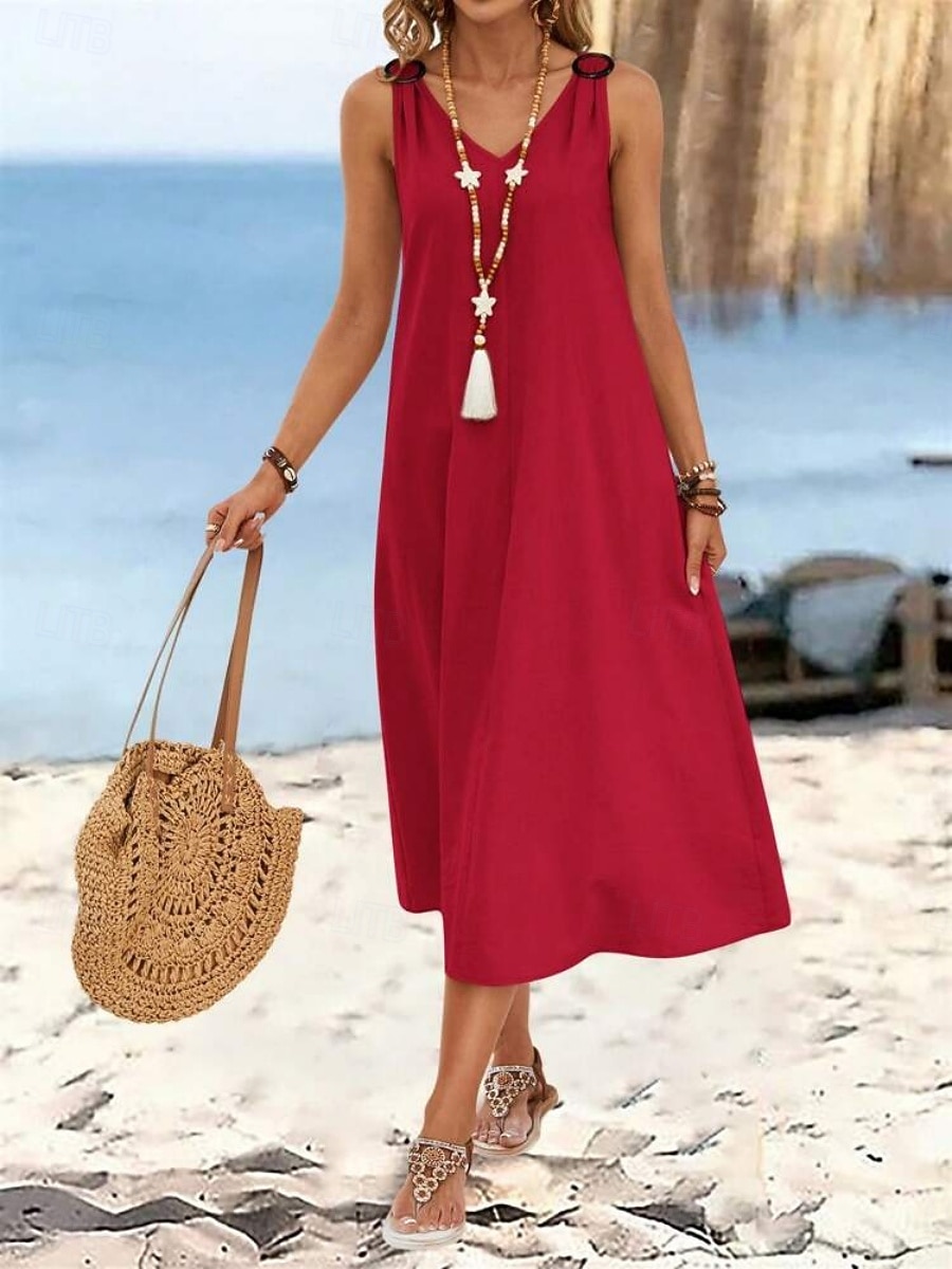 Dames Halflange jurk Hemdjurk Zomerjurk Casual Dagelijks Ruim Passend Effen Mouwloos V-hals Zwart Wijn Beige Zomer 2026 - $32.99 –P6