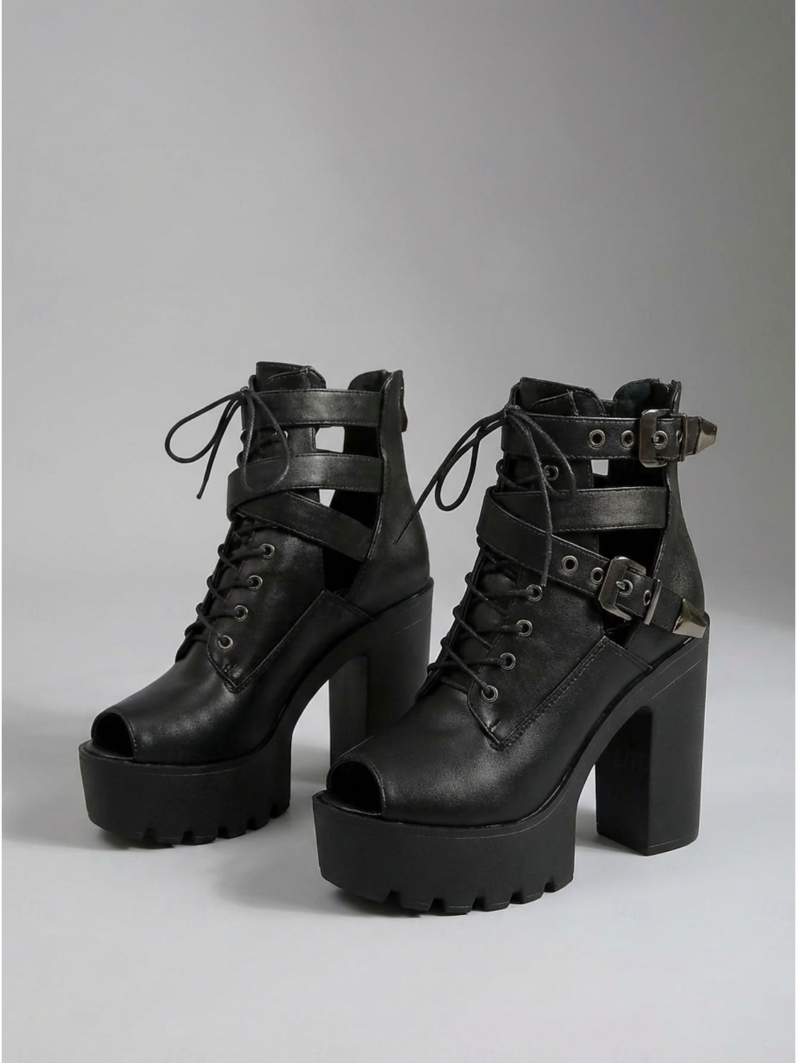 Γυναικεία μαύρα μποτάκια με πλατφόρμα για φεστιβάλ - τολμηρά, χοντρά τακούνια με ανοιχτή μύτη, κορδόνια και λουράκια με αγκράφα &σόλα με λοβό για μουσικά φεστιβάλ, συναυλίες &ρέιβ πάρτι 2026 - $54.99 –P4