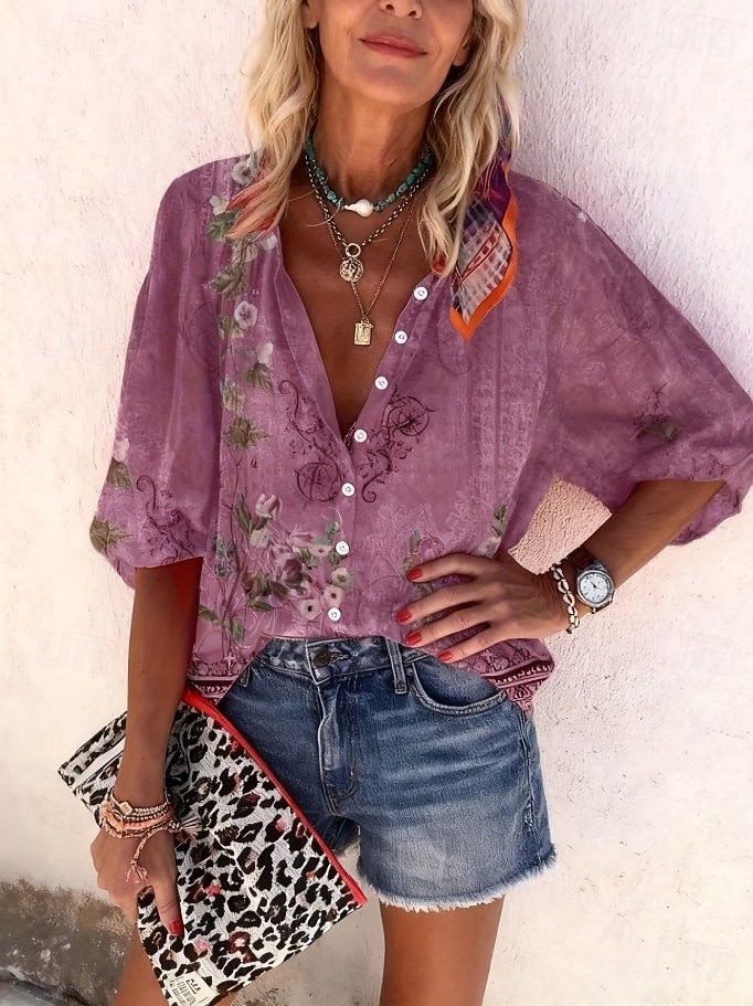 Жен. Рубашка С принтом Омбре Цветочный принт Графика Богемия Винтаж Повседневные Рукав 3/4 V-образный вырез Обычные топы Повседневные Праздники Одежда для пляжа 2026 - $42.99 –P10