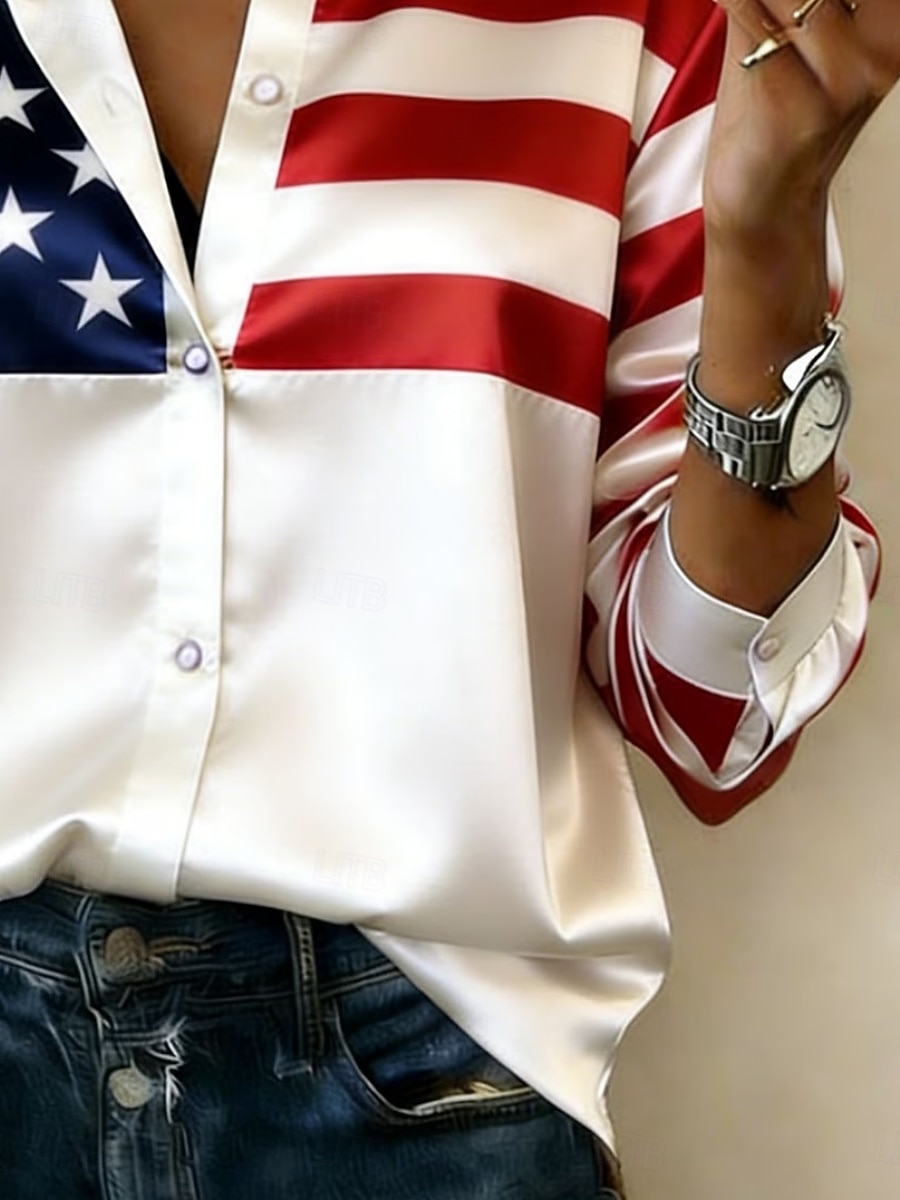 American Independence Day Women's Shirt Satin Shirt Button Down Shirt Casual Shirt Print Graphic American Flag Stylish Classic Casual Long Sleeve Shirt Collar Regular Tops Daily Holiday Going out 2026 - $29.99 –P3