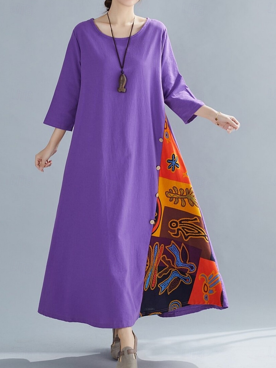 Robe maxi en lin pour femme faux coton robe décontractée coupe ample graphique floral manches 3/4 col rond noir jaune rouge violet été printemps de 2026 ? $22.99 –P8