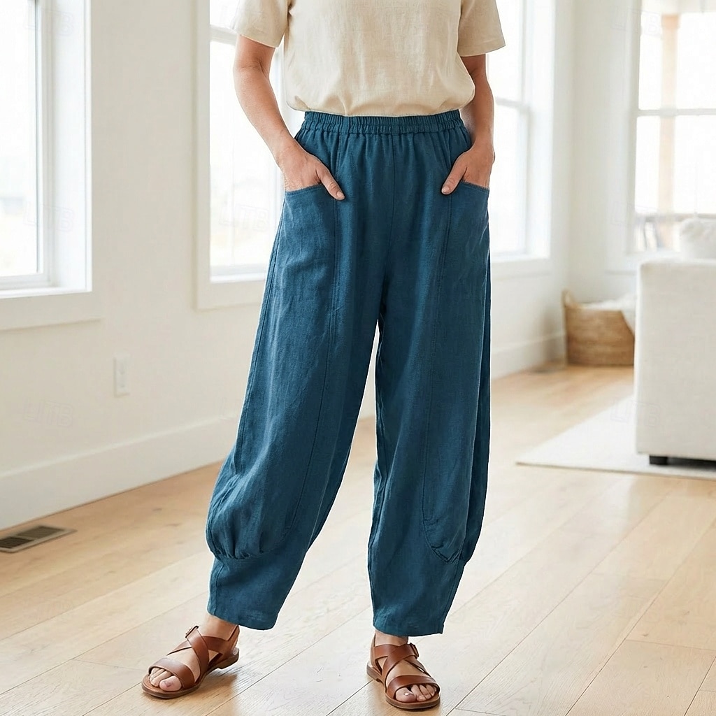 Damen-Leinenhose aus 70 % Leinen, weites Bein, Chino-Stil, Sommerhose, Urlaubshose, Streetwear, Basic, lange Länge, mittlere Bundhöhe, schlicht, Tasche, elastischer Bund, bequem, komfortabel, nicht elastisch, für Alltag, Outdoor, Straße, Bordeauxrot, Azur 2026 - $49.99 –P5