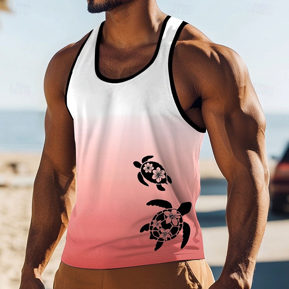 Camiseta sin mangas con estampado de tortuga marina, flor de hibisco, estilo hawaiano tropical, estilo náutico, degradado, cuello en U, para verano, playa, vacaciones, surf, ropa informal, tallas S, 2026 - $17.99 –P4