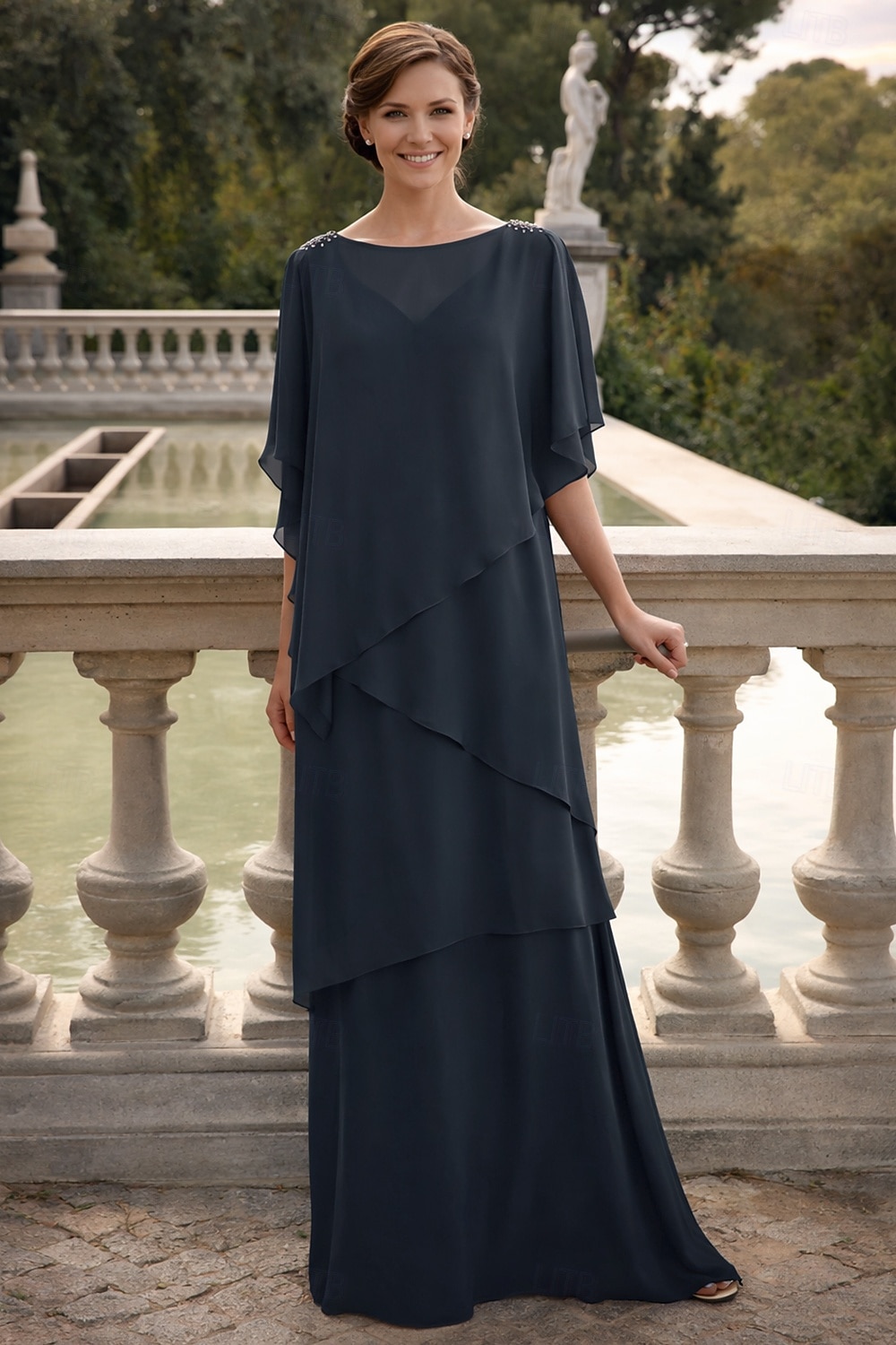 Linea ad A Lunghezza al pavimento Abito da invitata a nozze Abito Formale Abito a Strati Abito da cerimonia per signora Mezza Manica Scollo a Barca Elegante Formale Ospite di nozze Chiffon con Volant del 2026 a $183.99 –P4