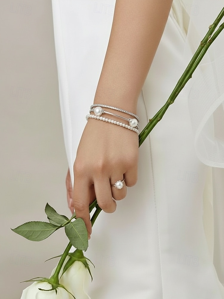 Armbåndssett med tre lag i kunstperlelegering til dame, stablebare armbånd i gull og sølv med elegante perler og krystalldetaljer, vintage brudesmykker til bryllup, kveldsfester og formelle arrangementer 2026 - $7.99 –P1