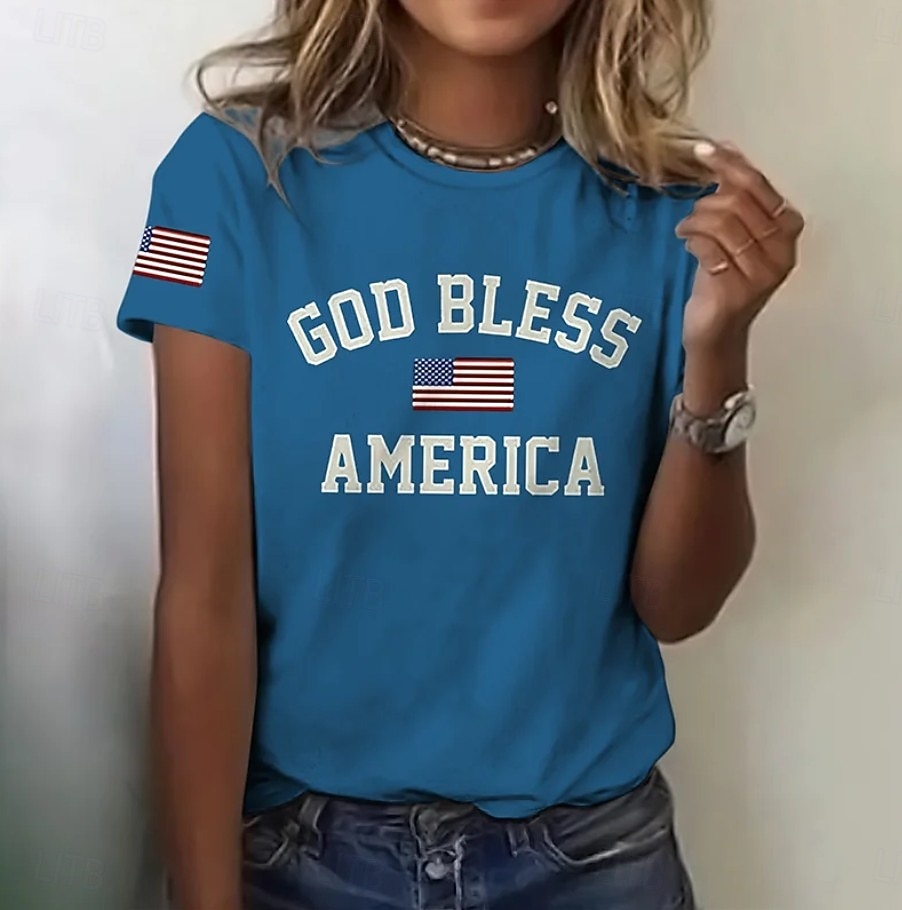 2026年 独立記念日 愛国的な女性用Tシャツ プリント グラフィック レター アメリカの旗 スタイリッシュ クラシック カジュアル ショートスリーブ クルーネック レギュラートップ 日常 ブルー ブラック レッド 夏 春  コレクション – $22.99 –P1
