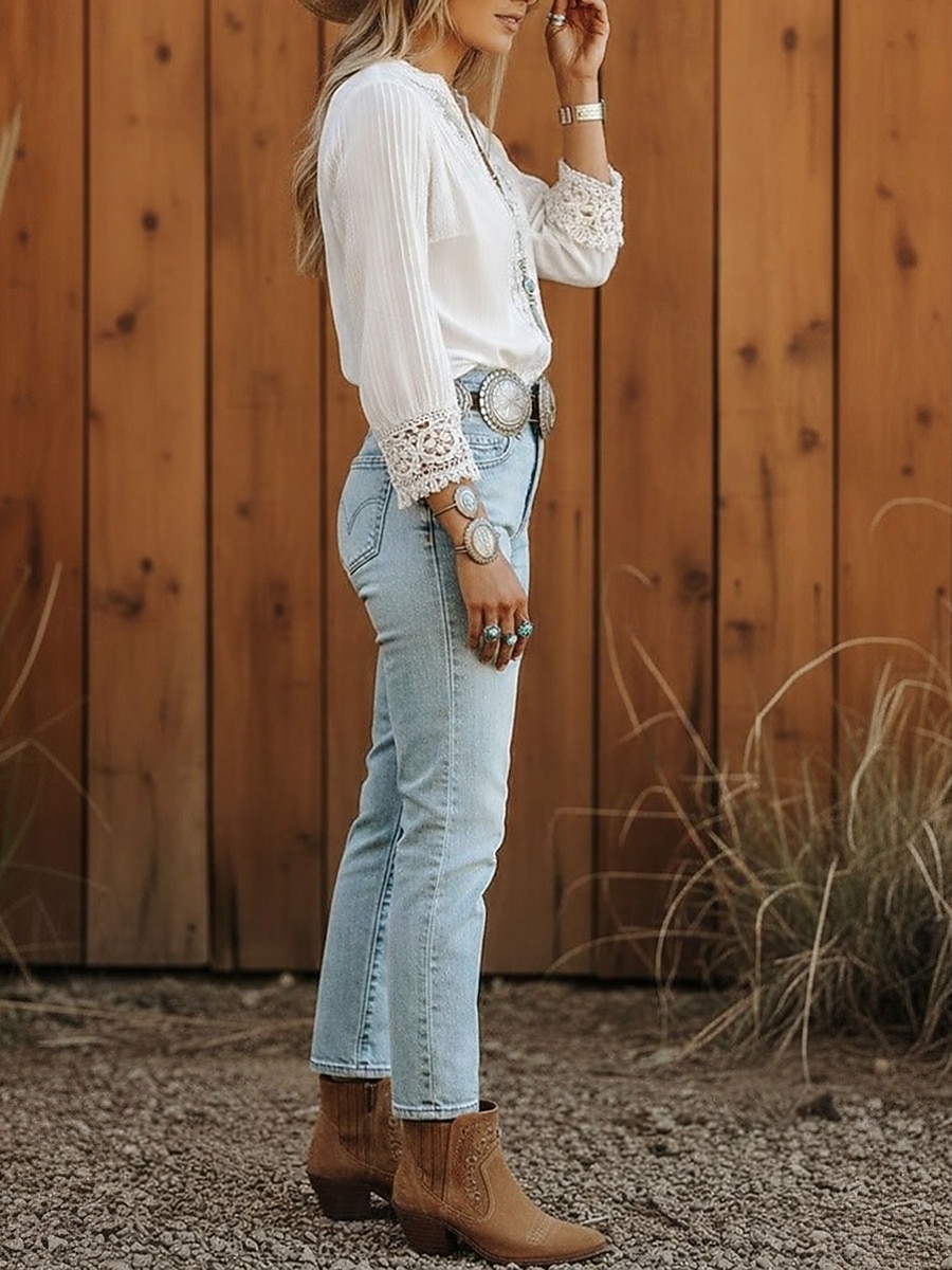 בגדי ריקוד נשים חולצה חולצות תחרה תחרה אחיד מודרני יום יומי שרוול ארוך צווארון V חולצות רגילות חגים ליציאה לבן קיץ 2026 - AU $85.39 –P2