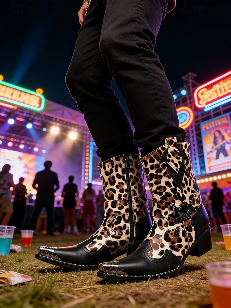 Botas masculinas de couro legítimo para festivais, com estampa de leopardo, ideais para música. de 2026 por $189.99 –P2