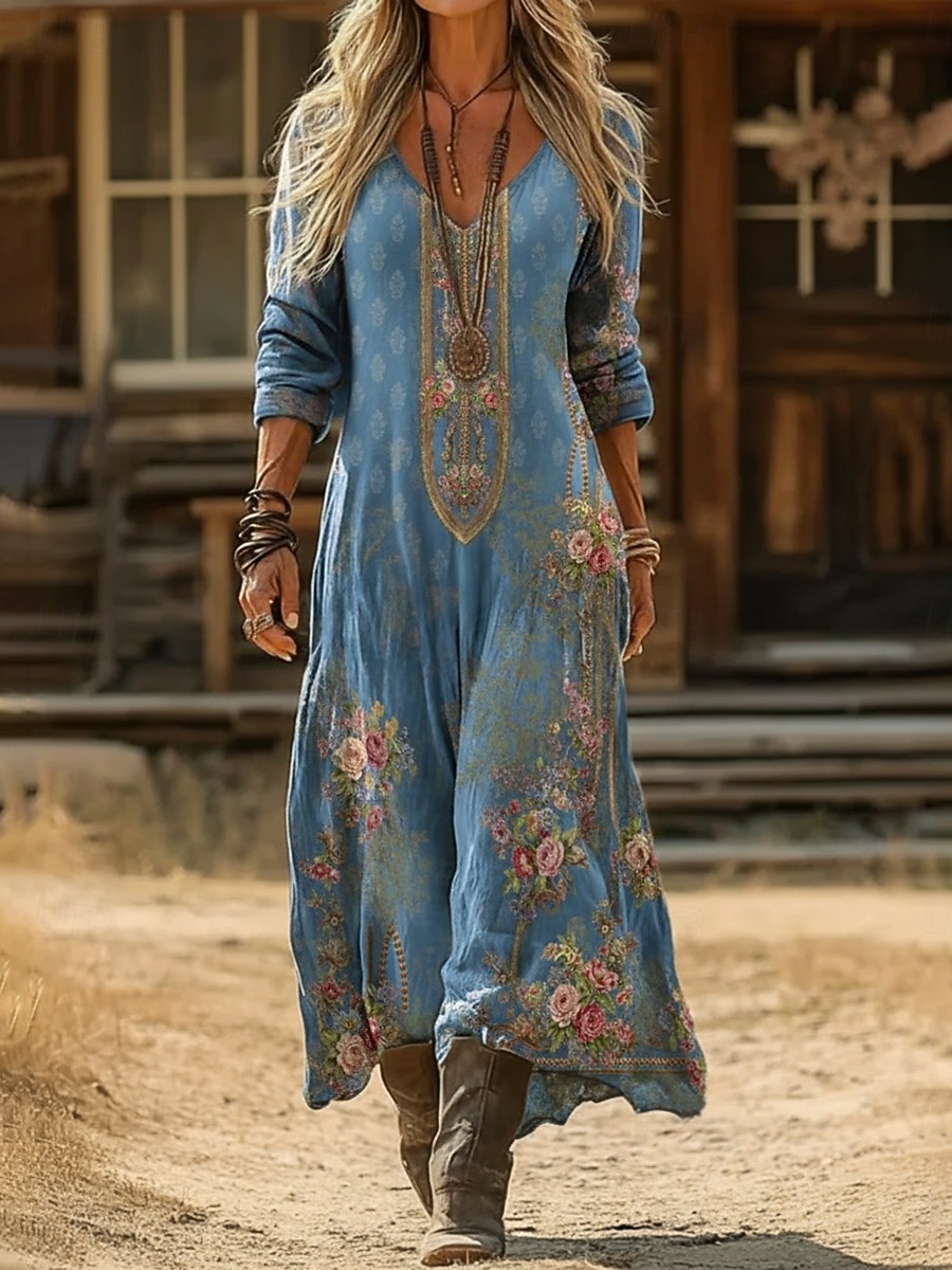 Dam Maxiklänning Boho-klänning Vintage klänning Vardagsklänning Vintage Dagligen Utomhus Semester Lös passning Blommig Långärmad V-hals Blå Marinblå Purpur Grön Vår Höst 2026 - $16.99 –P4