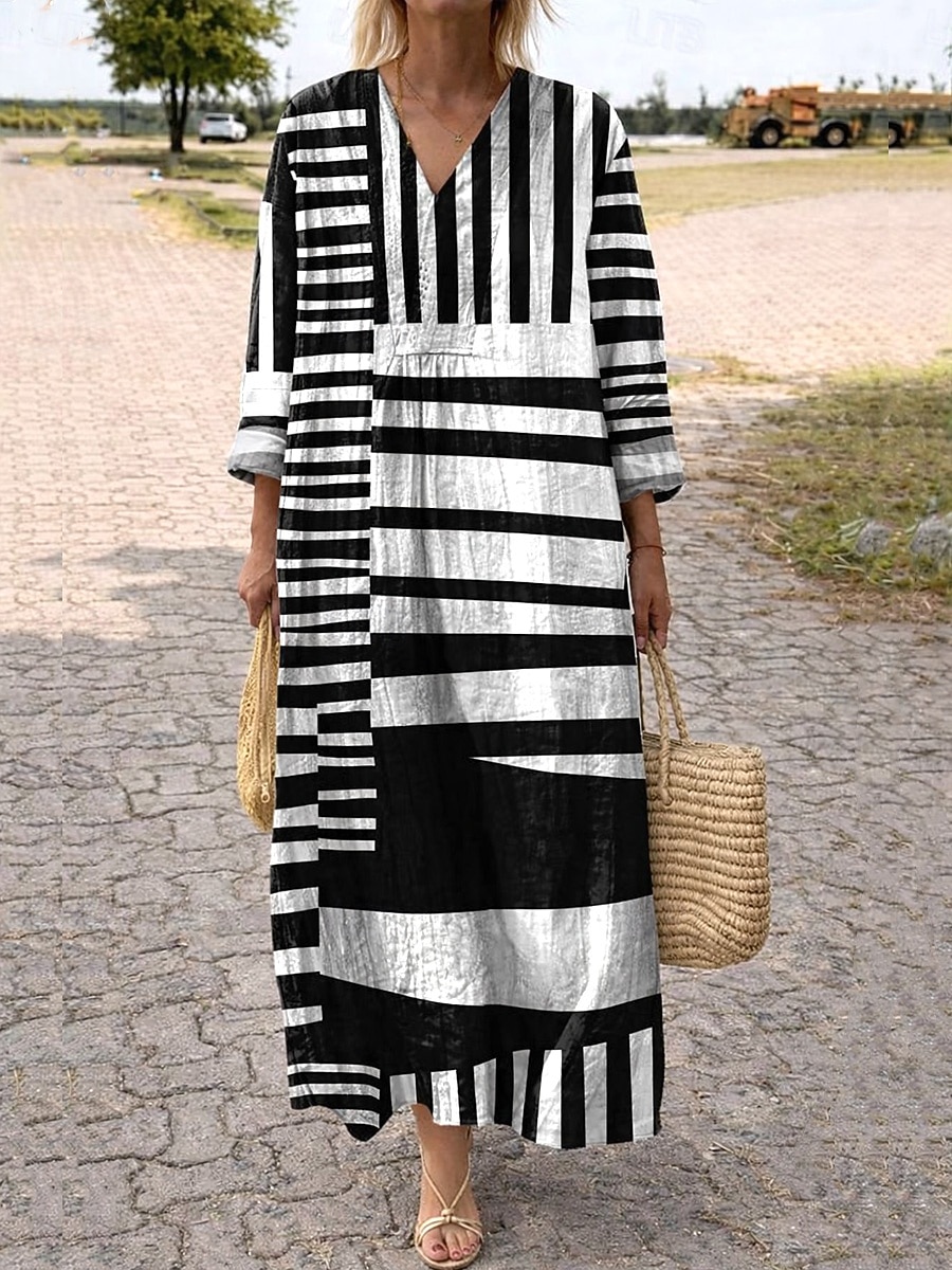 Abito Midi da Donna V Collo Maniche Lunghe Kaftan Leggero Comodo A Line Abito Casual Boho Uscita Grafica Geometrica Strisce Maniche Lunghe V Collo Arancione Rosso Nero Giallo Rosa del 2026 a $37.99 –P6